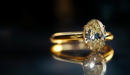 Golden diamond ring on dark reflective surface