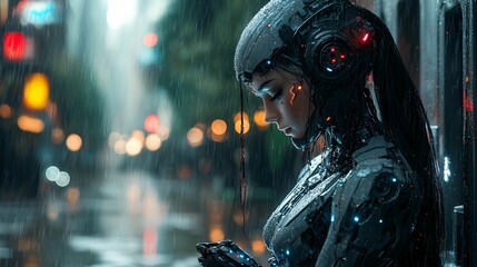Naklejka premium Futuristic Robot Woman in Rainy Urban Setting with Neon Lights and Glowing Details