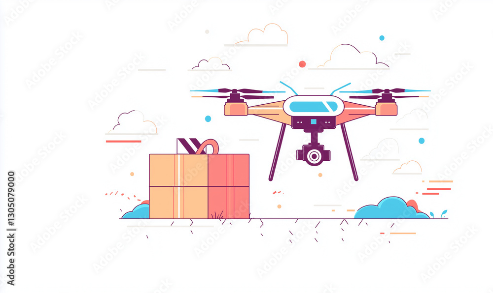 Aufkleber drone delivering a package in a colorful, minimalist style against a light background with clouds an