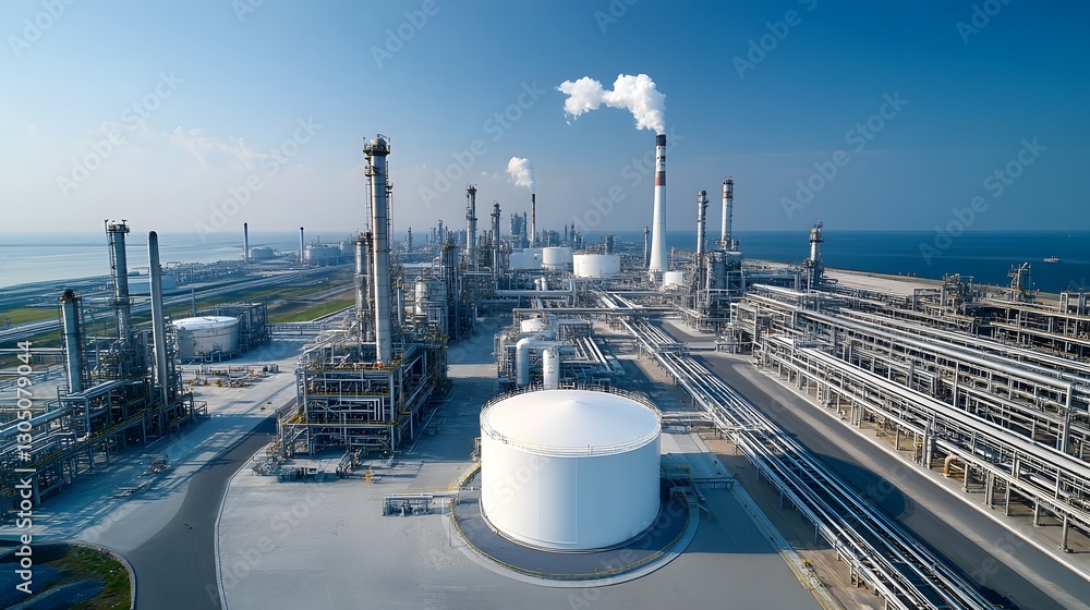 Poster aerial view of a sleek and modern fuel storage and processing facility with high tech pipelines tank