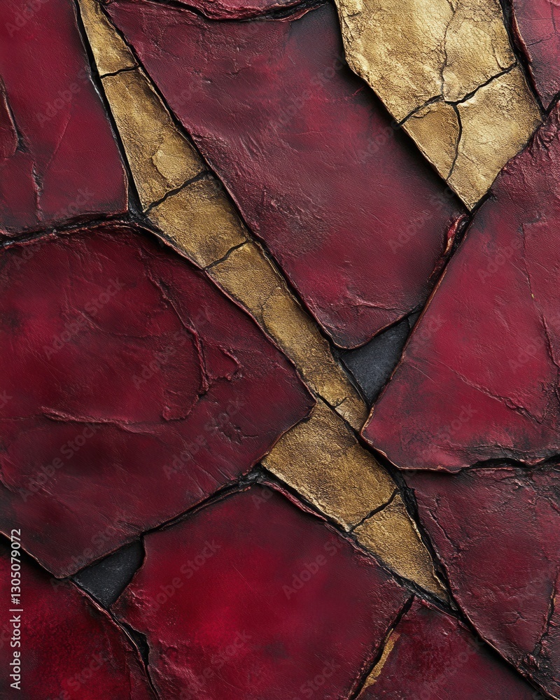 Poster abstract artistry red and gold textured panels interlocking design captivating visual depth and rich