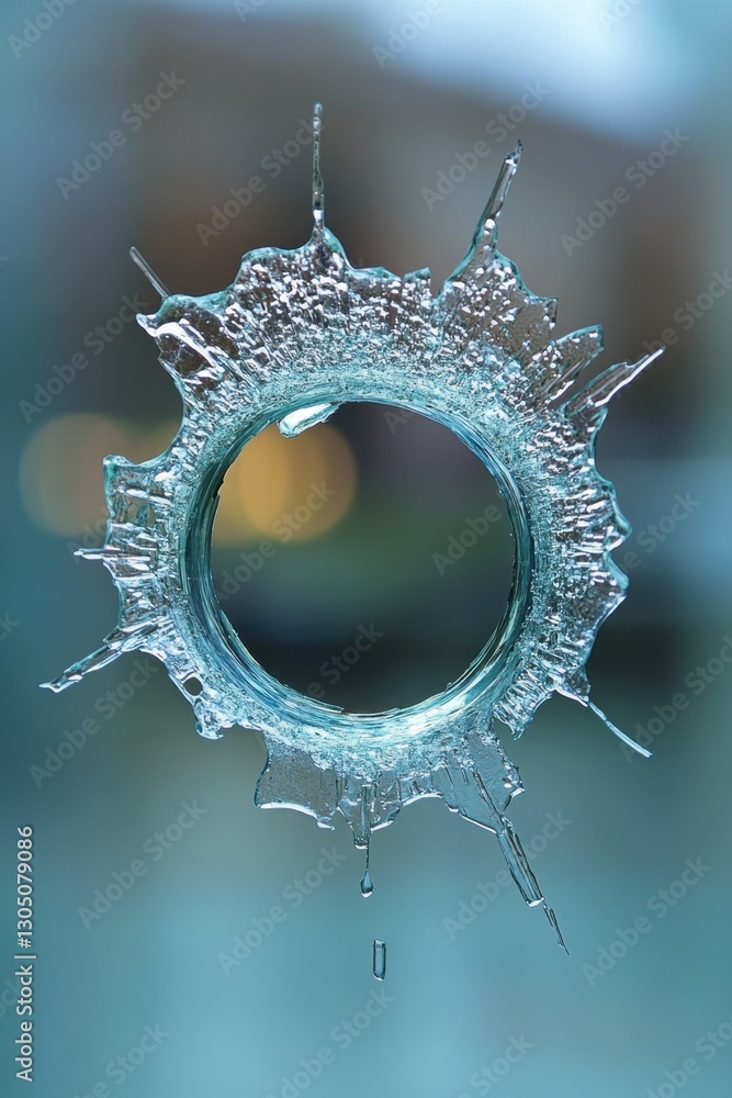 Poster shattered glass hole with abstract bokeh background and sharp edges creating a circular shape