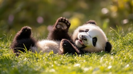 A playful panda cub enjoys a sunny day by rolling on the green grass. The adorable pose captures the essence of joy and innocence. Generative AI