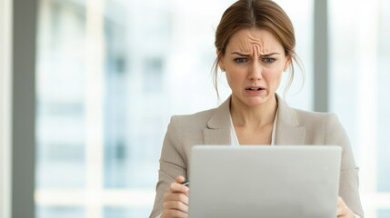 A concerned woman looks at her laptop with a frown, indicating stress or frustration, possibly related to work or technology issues in a modern office setting.