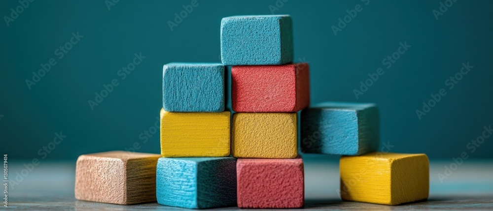 Poster colorful wooden blocks arranged in pyramid structure on teal backdrop symbolizing learning and devel