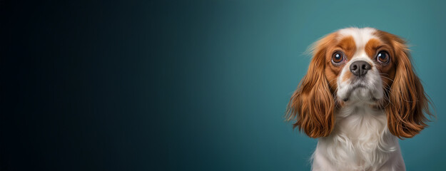 Naklejka premium Cavalier King Charles Spaniel dog on minimalistic colorful background with Copy Space. Perfect for banners, veterinary ads, pet food promotions, and minimalist designs.