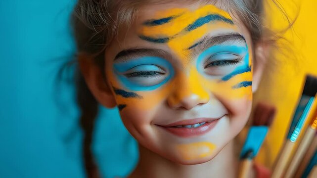 Playful child with colorful face paint smiling and winking against turquoise background