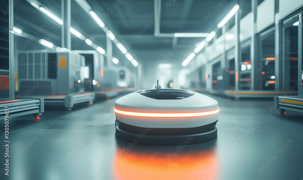Poster a futuristic autonomous robot moves through a modern warehouse, showcasing advanced technology and a