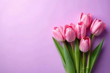 Soft pink tulips in gentle clusters on a soft purple gradient background, floral arrangement, botanical, flowers