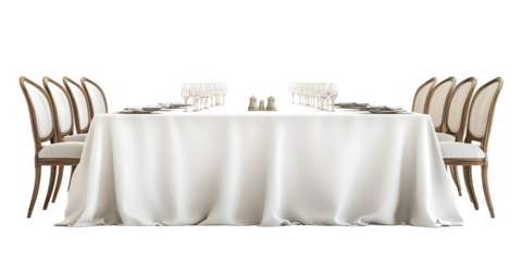 White tablecloth draped over a long dining table, cut out, placed on white or transparent background