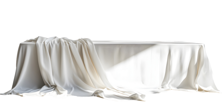 White tablecloth draped over a long dining table, cut out, isolated on white or transparent background