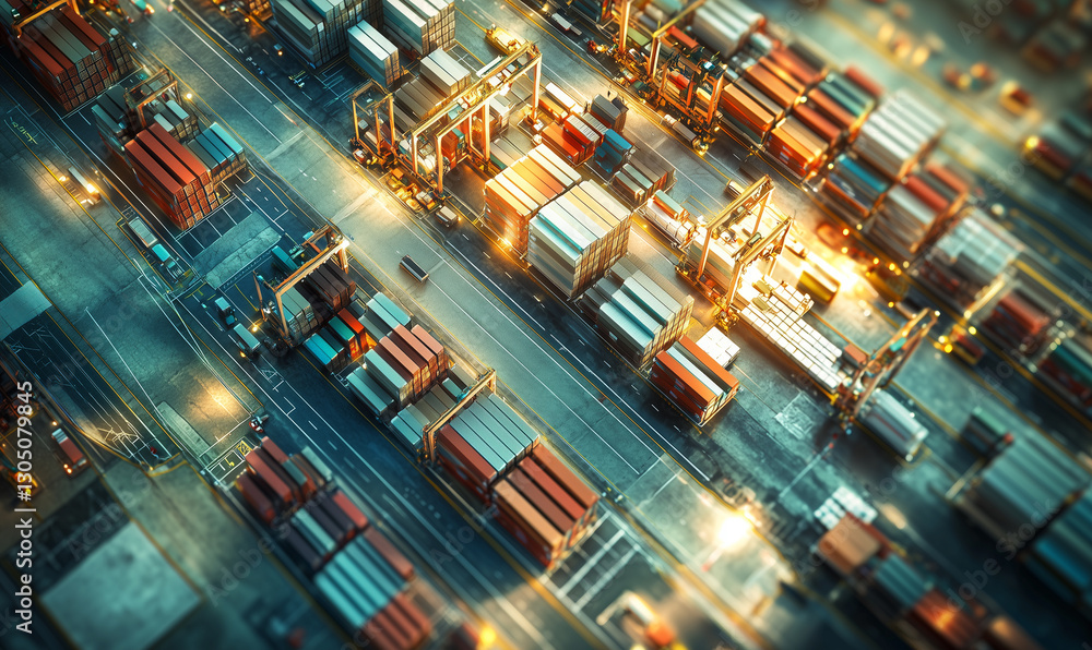Poster aerial view of a busy shipping port with containers and cranes illuminated at night, showcasing indu