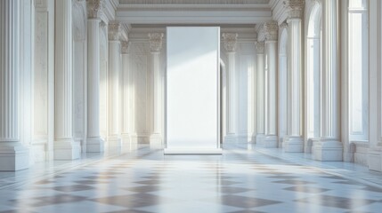 Fototapeta premium Empty Gallery Corridor, Blank Display, Sunlight