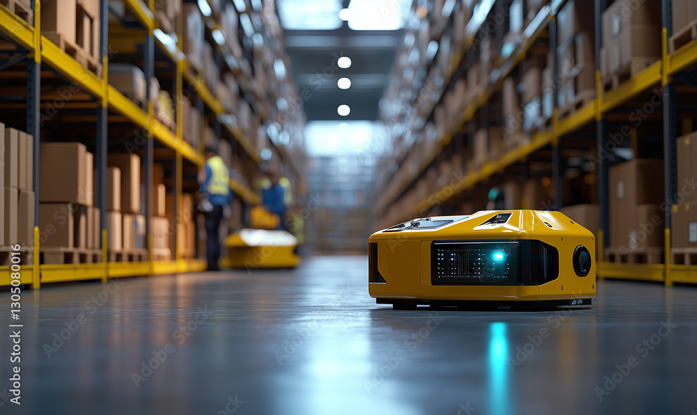 Poster a yellow robotic vehicle navigates a warehouse aisle filled with stacked boxes, showcasing modern au