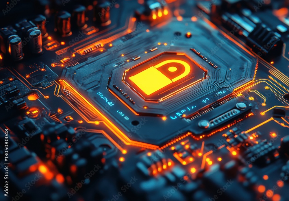 Aufkleber abstract close-up view of a circuit board with lock symbol illuminated in orange, representing cyber