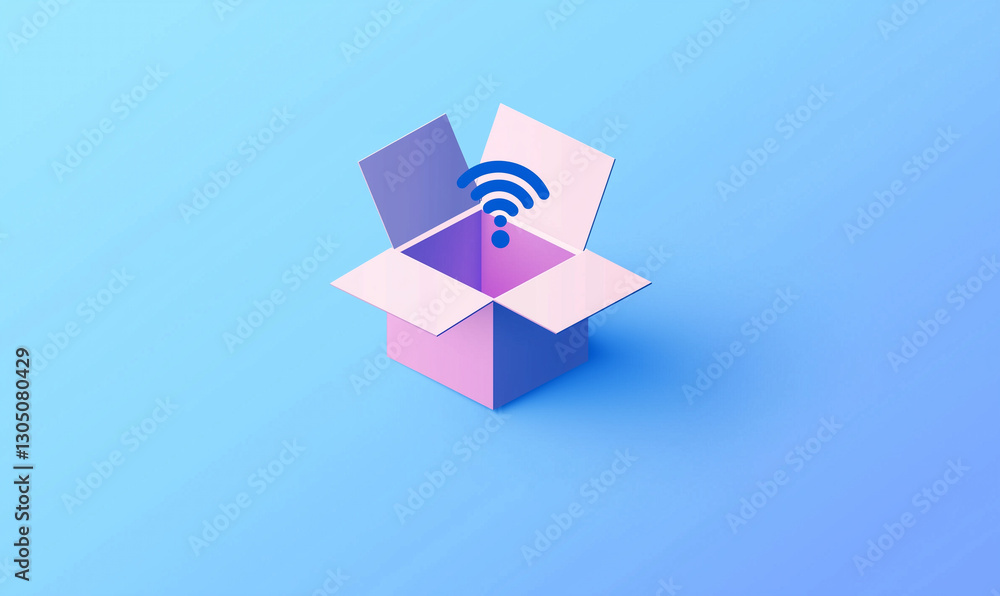 Poster a stylized open box with a wireless signal icon, set against a gradient blue background, representin