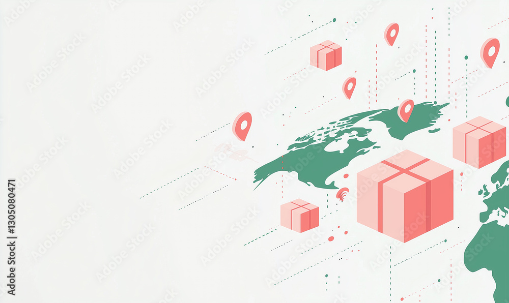Poster global delivery concept with packages and location markers illustrated on a map background.