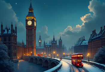 Winter view of the Westminster Bridge and Big Ben clocktower in London during a winter day with ice and snow, England
