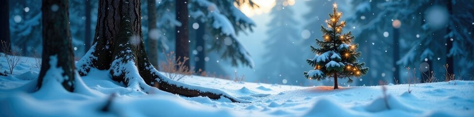 The lone Christmas tree's roots delve deep into the snowy forest floor, snowfall, snowy landscape, solitary