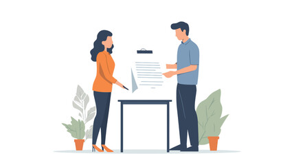 Illustration of two individuals, a man and a woman, standing on either side of a small table.  Both are depicted in a minimalist, flat vector style with simplified features. The woman is