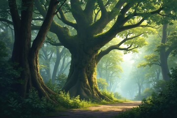 Obraz premium A Painting of a Forest Scene With a Path Leading to a Tree - Generative AI