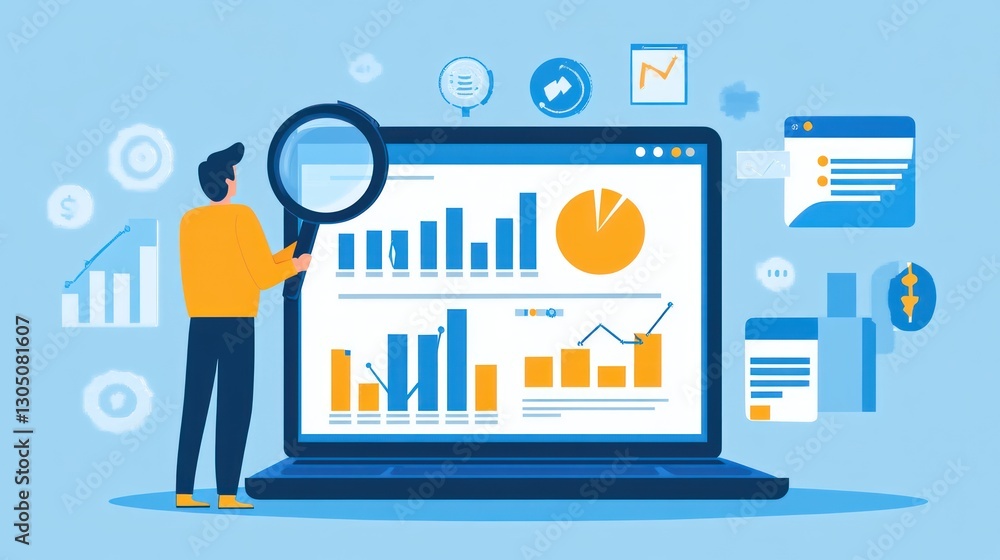 Poster businessman analyzing data on laptop screen. background of various business icons. possible use stoc