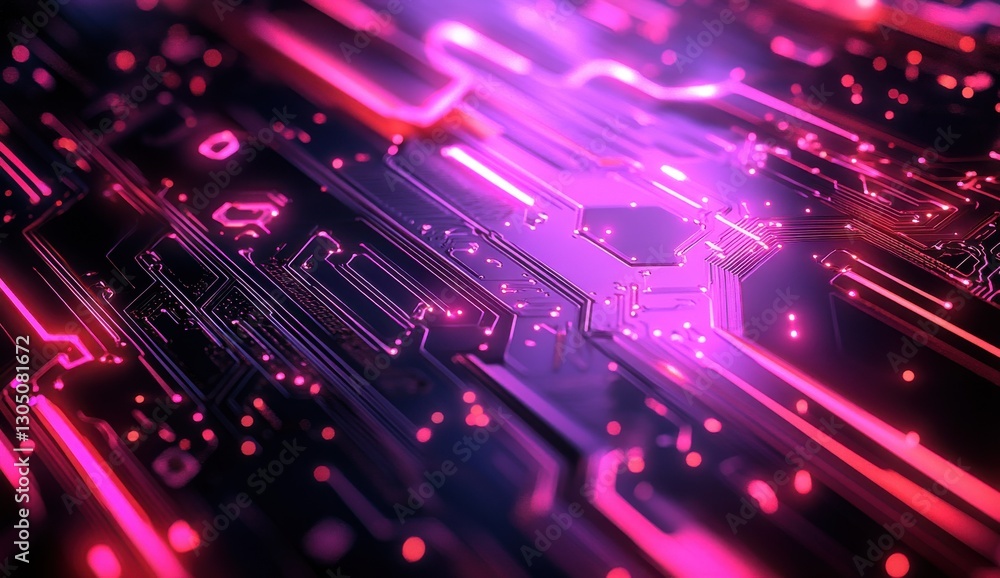 Aufkleber abstract close-up view of digital circuit board with luminous lines and glowing elements in vibrant 