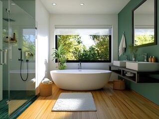 Fototapeta premium Modern Bathroom Interior with Bathtub and Big Window, Home Spa