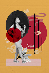 3D collage design composite trend artwork of young lady smile walk stree hold parasol cloud...