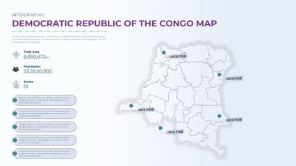 Total Area, Papulation, States & More Detailed Infographic Map of Democratic Republic of the Congo. Democratic Republic of the Congo country map infographic colored vector template with regions