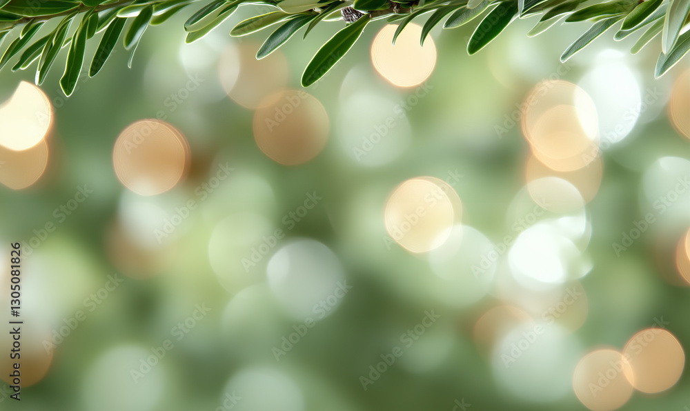 Poster green leaves and bokeh background. bokeh lights with green foliage. abstract bokeh with leaves
