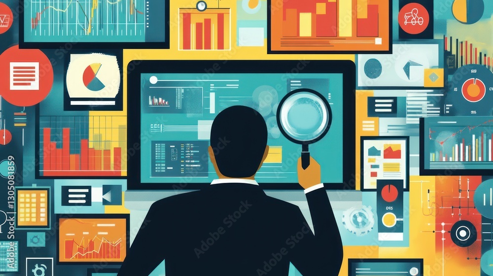 Poster businessman examining data on a computer screen