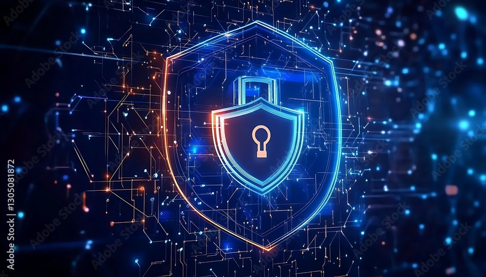 Poster cybersecurity innovation with geometric shapes and digital network technology in abstract background