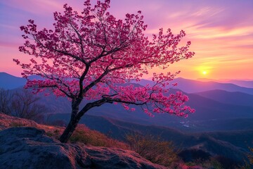 Fototapeta premium Spectacular sunset over pink cherry blossom tree mountain view nature photography tranquil environment
