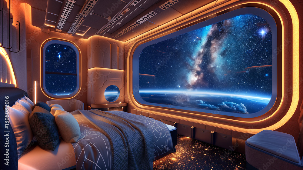Poster this experience breathtaking cosmic views from a space hotel suite with zero gravity comfort.