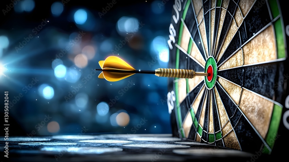 Aufkleber A striking image of a dartboard in focus featuring a glowing dart perfectly lodged in the bullseye symbolizing determination and success amidst a blurred atmospheric backdrop