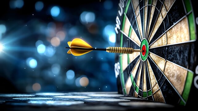 A striking image of a dartboard in focus featuring a glowing dart perfectly lodged in the bullseye symbolizing determination and success amidst a blurred atmospheric backdrop
