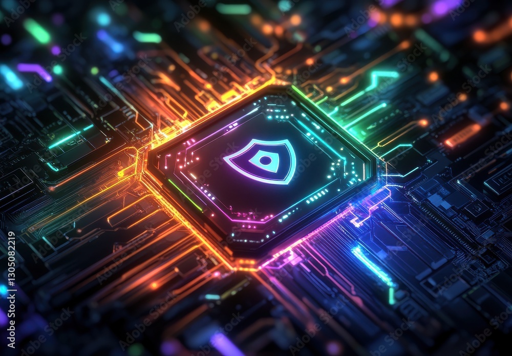 Aufkleber abstract colorful digital circuit board with security shield icon and bright neon lights for technol