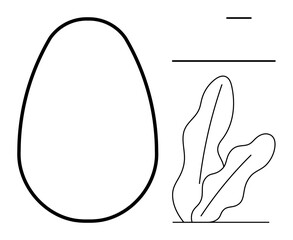 Abstract composition of an egg-shaped outline, wavy lines, and two leaves. Ideal for modern design, creativity, minimalism, nature, balance art concepts and abstract thinking. Flat simple metaphor