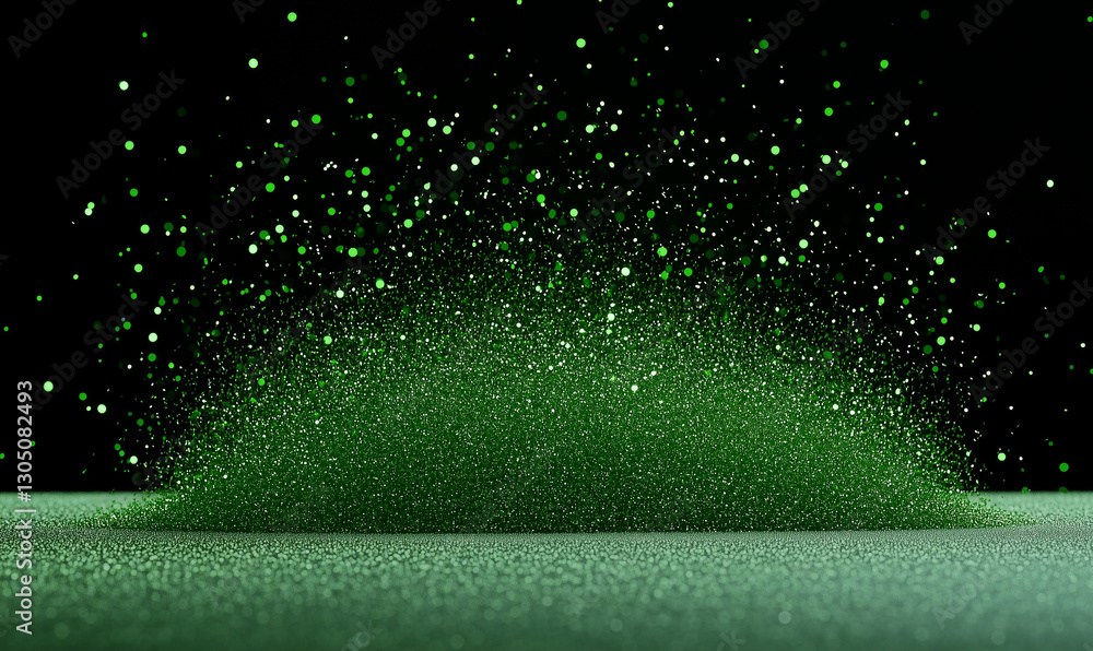 Poster green sparkling dust on a surface with green glitter and bokeh effect on black background. green dus