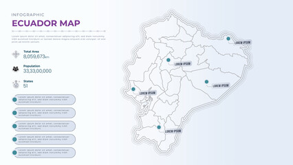 Fototapeta premium Total Area, Papulation, States & More Detailed Infographic Map of Ecuador. Ecuador country map infographic colored vector template with regions and pointer marks.