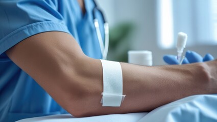 Close up of Patient s Arm with IV Bandage in Hospital Setting