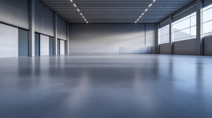 Obraz premium Spacious industrial warehouse interior with polished concrete floors and high ceilings