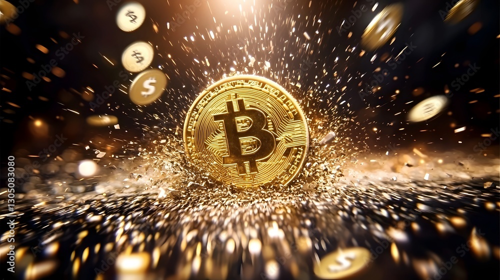 Aufkleber intense scene of a golden bitcoin cryptocurrency coin cracking and falling into an abyss