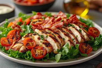 Grilled chicken salad with bacon and tomatoes home kitchen food photography indoor fresh ingredients