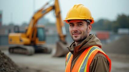 Fototapeta premium Confident Male Construction Worker Smiling Hard Hat Excavator Background