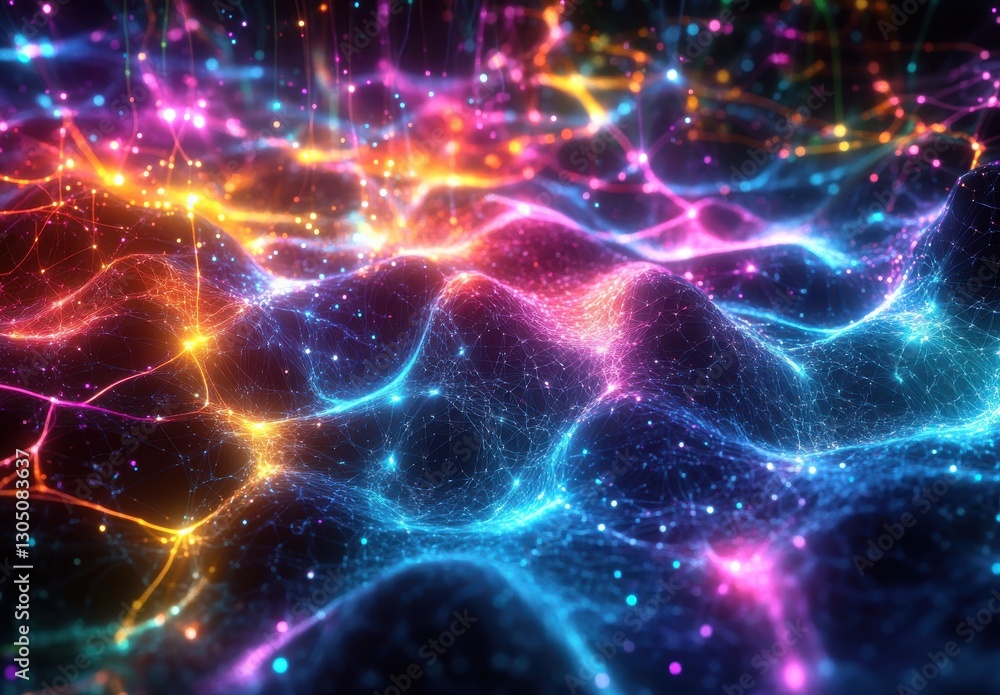 Poster abstract colorful waves of light and digital particles creating a vibrant cosmic landscape with glow