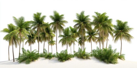 Tropical oasis with lush palm trees. Sandy dune on white background