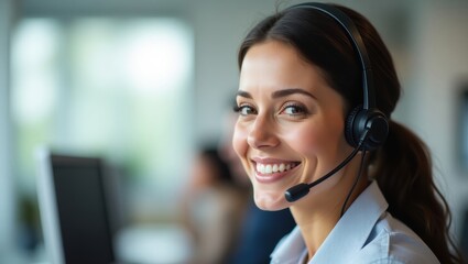 Smiling Customer Service Representative Wearing Headset Office Background