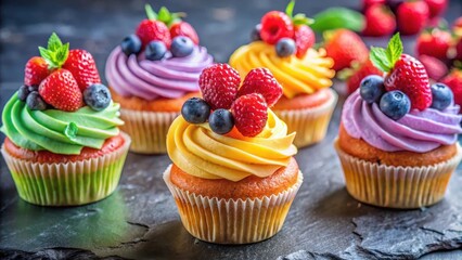 Colorful cupcakes adorned with a generous helping of fresh mixed berries on top, showcasing their vibrant hues and inviting appearance , dessert, foodie